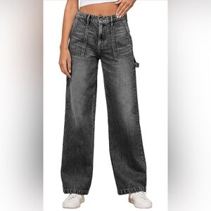 Women's Casual Mid Waist Cargo Jeans Flap Pocket Wide Leg Denim Pants